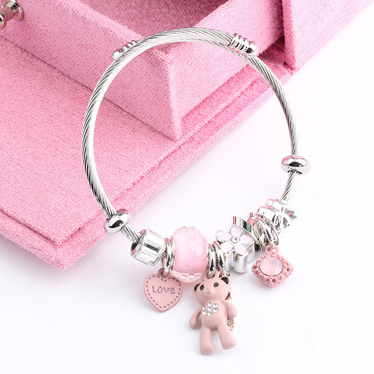 Kids Silver Pink Teddy Charm Bracelet – Kidz Gemz