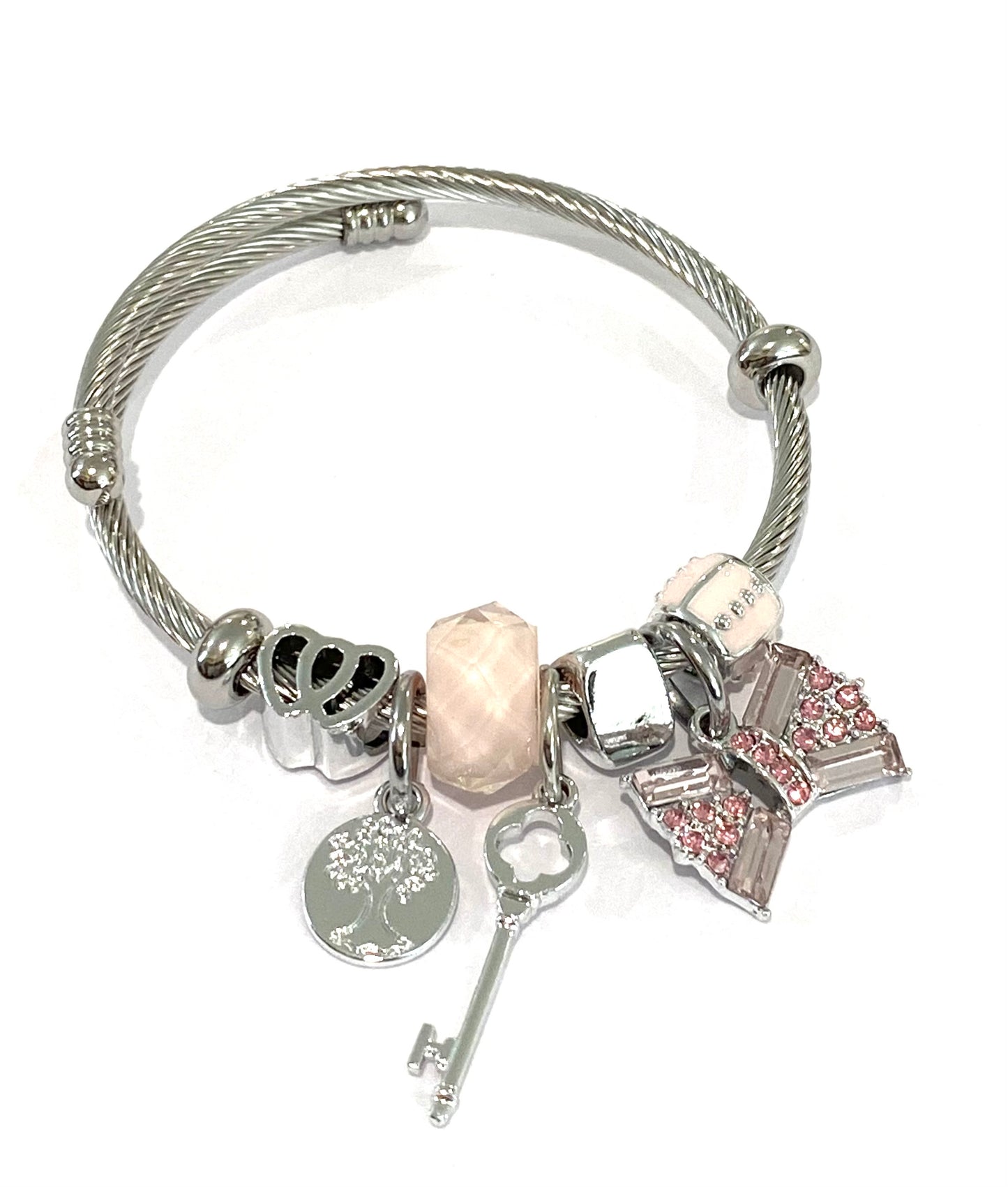 Kids Silver Pink Key Heart Charm Bracelet